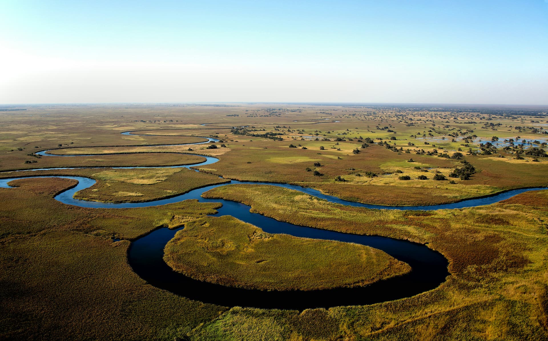 Aerial view of the Okavango Delta's winding channels and floodplains